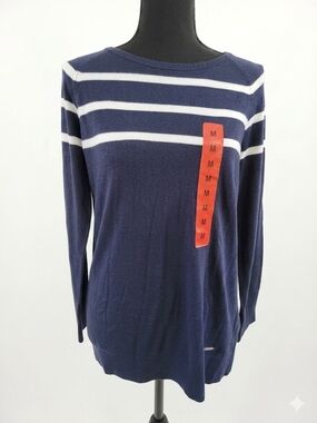 Nautica Navy & White Striped Crew Neck Sweater